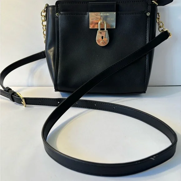 Calvin Klein Black Shoulder Bag Gold Hardware Lock Accent Adjustable Strap (A1) - Picture 2 of 10